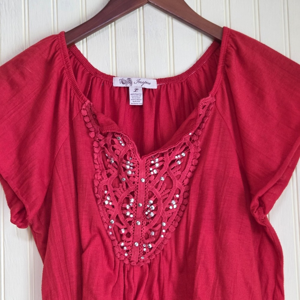 Inspire Blouse Womens Large Red Crochet Rhinestone Kimono Sleeve Tunic Top